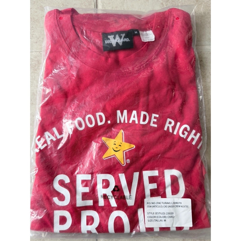 Hardees Carls Jr Employee Real Food Made‎ Right Logo Work T-shirt Medium Red